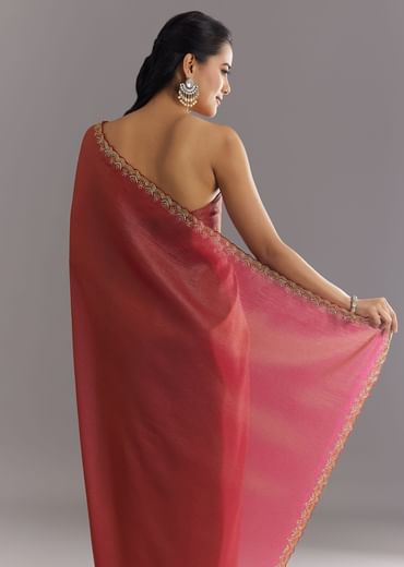Dusky Brown Crushed Tissue Saree With Stones Cutdana Embroidered Scallop Border