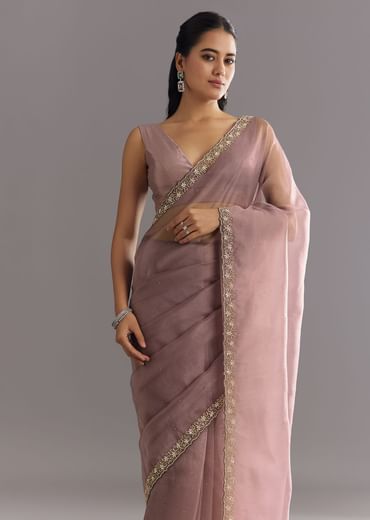 Dusky Lavender Organza Saree With Stones Cutdana Sequins Embroidery