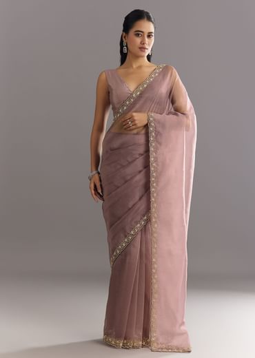 Dusky Lavender Organza Saree With Stones Cutdana Sequins Embroidery
