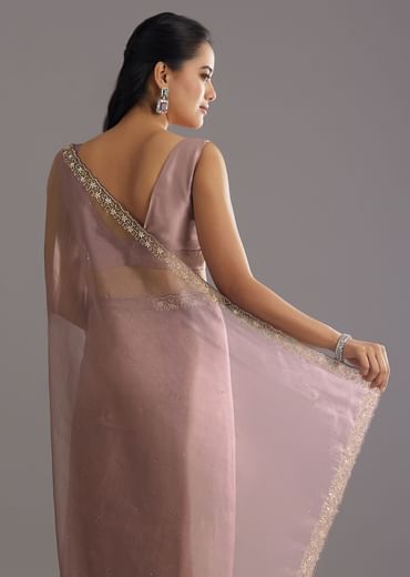 Dusky Lavender Organza Saree With Stones Cutdana Sequins Embroidery