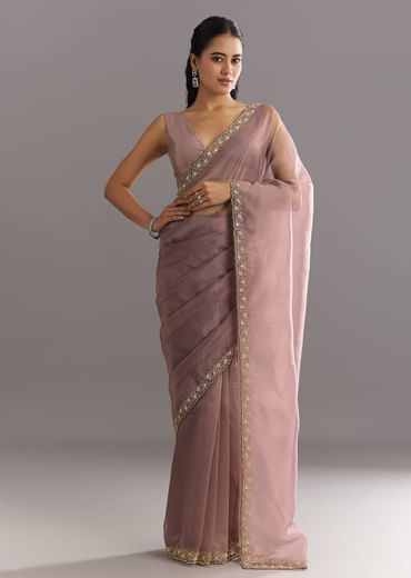 Dusky Lavender Organza Saree With Stones Cutdana Sequins Embroidery