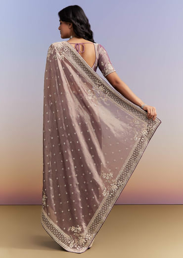 Dusky Lavender Tissue Silk Saree With Heavy Hand Embroidery