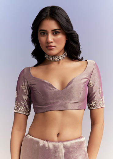 Dusky Lavender Tissue Silk Saree With Heavy Hand Embroidery