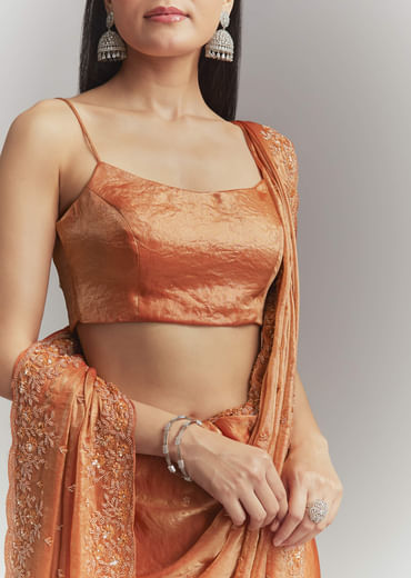Dusky Orange Chinon Embroidered Saree With Embroidery