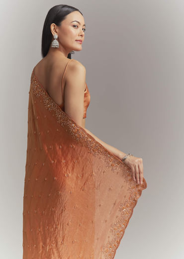 Dusky Orange Chinon Embroidered Saree With Embroidery