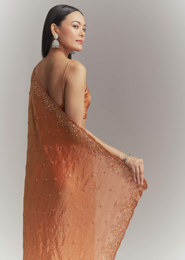 Dusky Orange Chinon Embroidered Saree With Embroidery