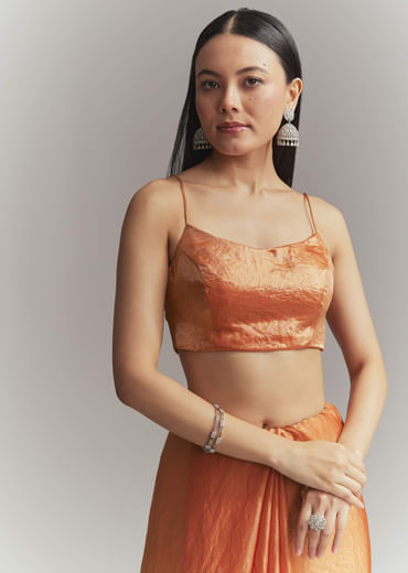 Dusky Orange Chinon Embroidered Saree With Embroidery