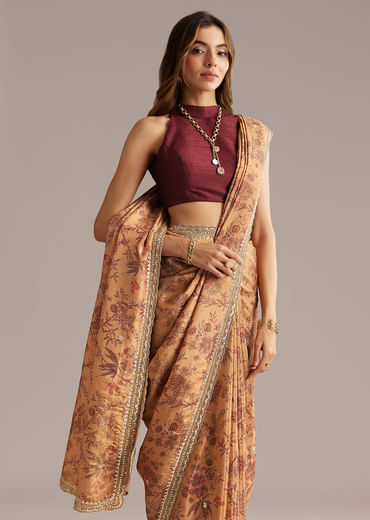 Dusky Orange Jacquard Saree With Mirror And Sequin Embroidery