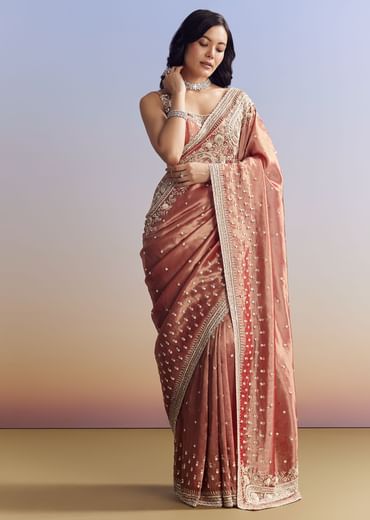 Dusky Orange Tissue Saree With Dense Embroidery