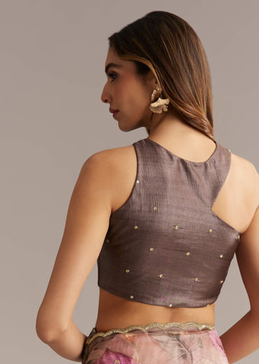 Dusky Peach Crush Tissue Saree With Floral Print And Zari Embroidery