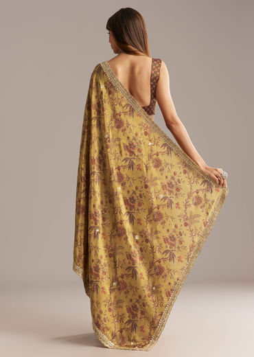 Dusky Yellow Tissue Saree With Sequins And Mirror Embroidery