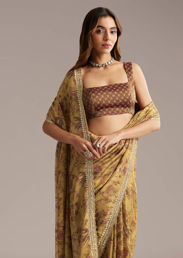Dusky Yellow Tissue Saree With Sequins And Mirror Embroidery