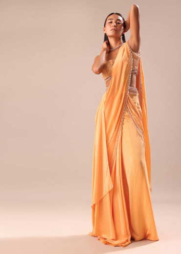 Dusky Peach Pre Stitched Saree With Embroidered Blouse