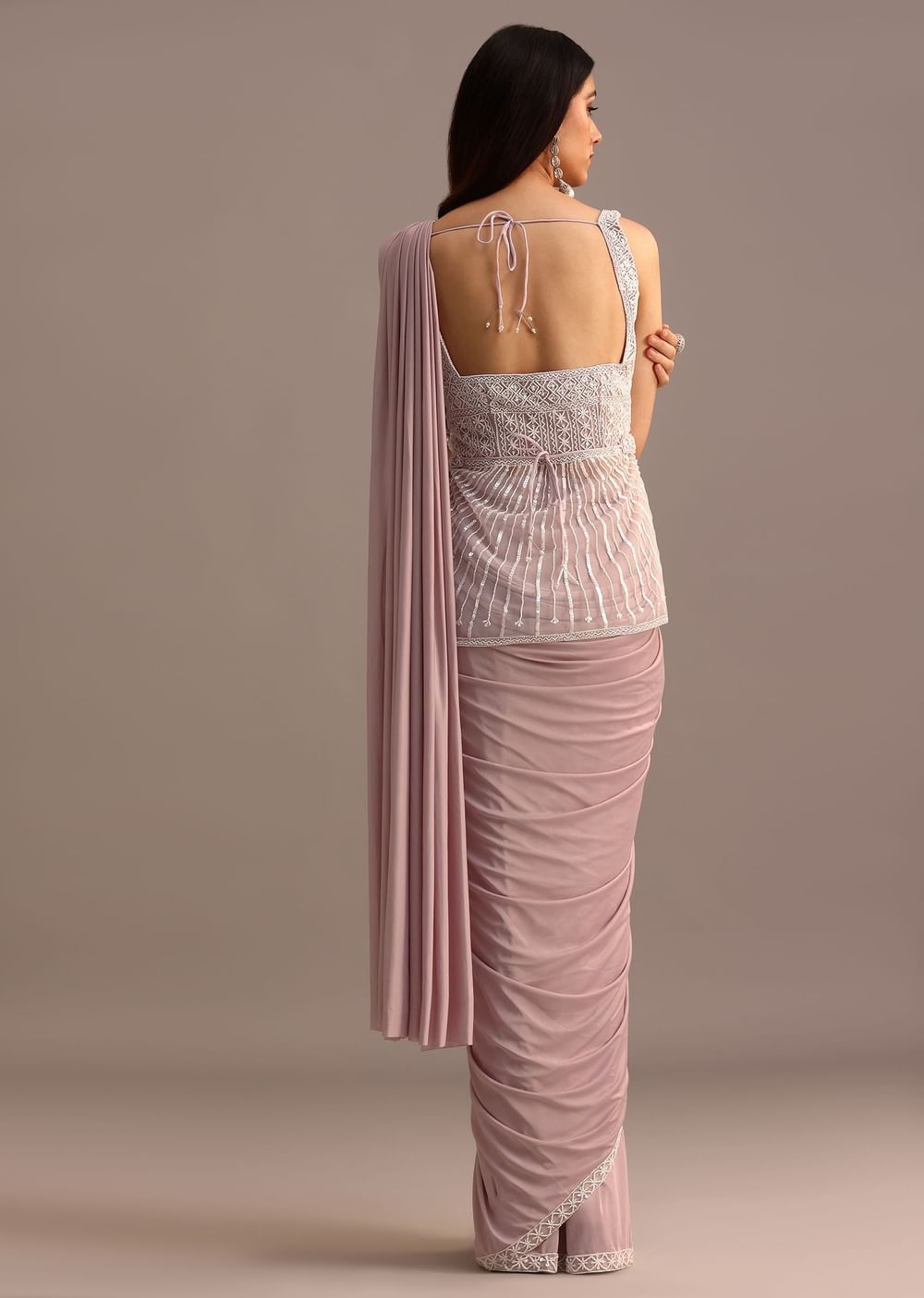Dusky Pink Ready Pleated Saree With Embroidered Blouse