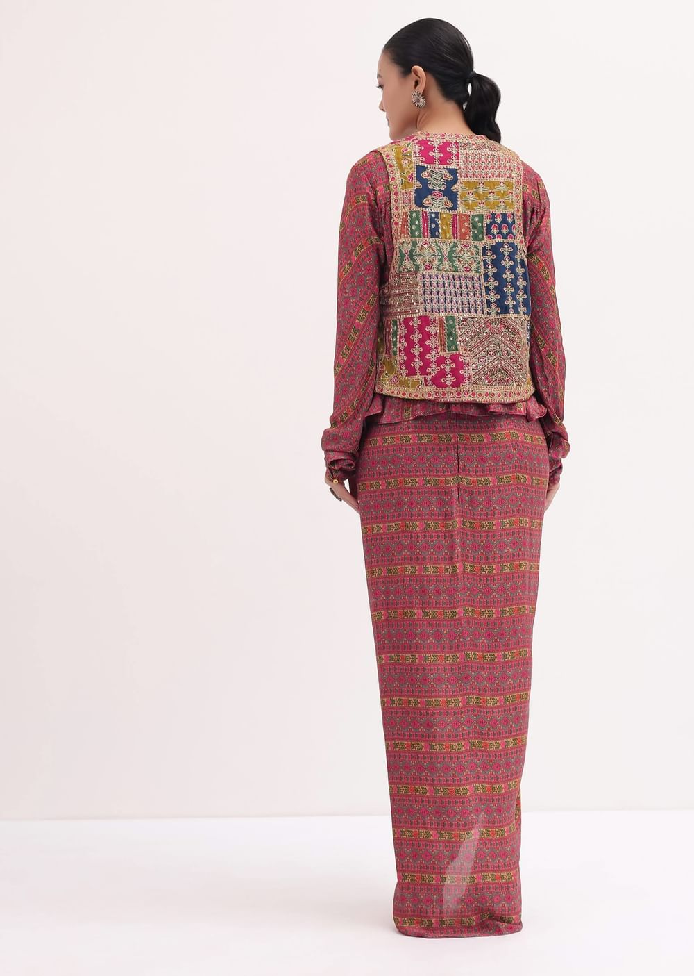 Dusky Pink Satin Skirt And Top With Embroidered Jacket