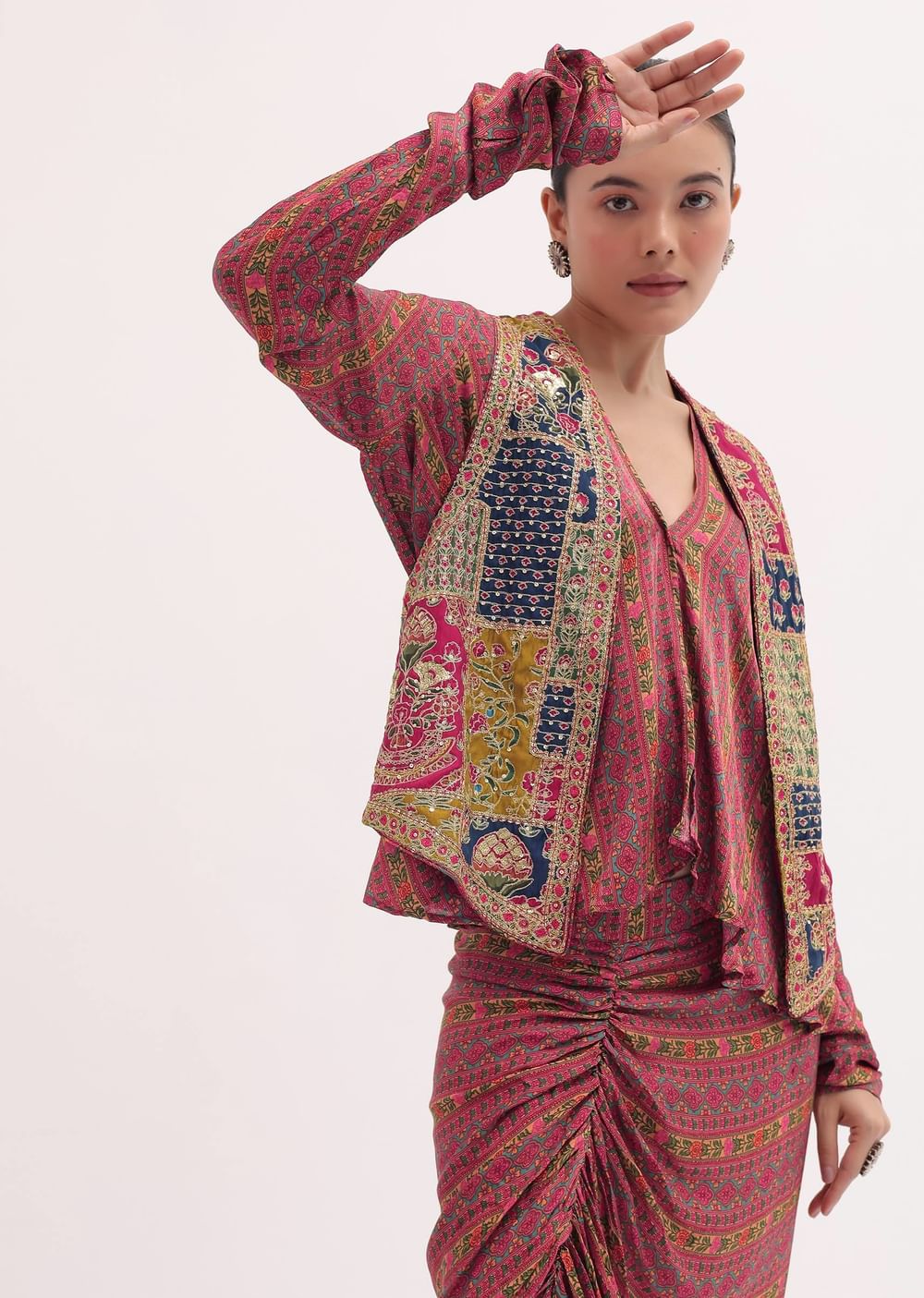 Dusky Pink Satin Skirt And Top With Embroidered Jacket