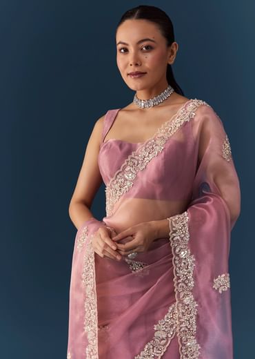 Dusty Pink Embroidered Saree with Blouse Fabric