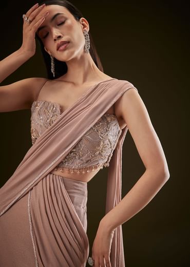 Dusty Pink Fishcut Drape Saree With Embellished Corset Blouse
