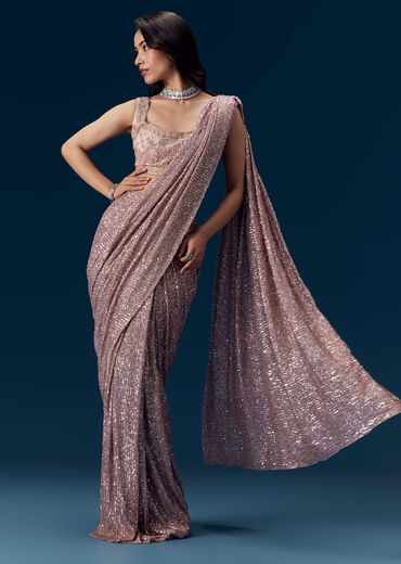 Dusty Pink Ready Pleated Sequin Saree with Blouse