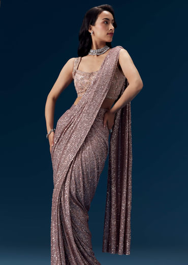 Dusty Pink Ready Pleated Sequin Saree with Blouse