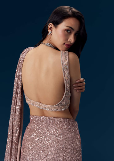 Dusty Pink Ready Pleated Sequin Saree with Blouse