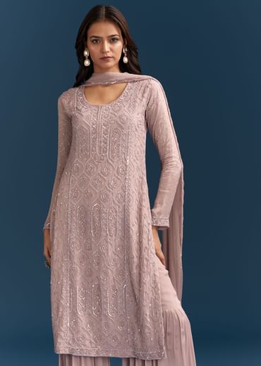Dusty Pink Sharara Suit With Sequins Work And Dupatta