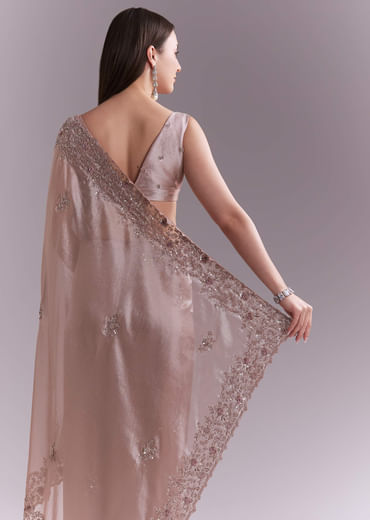 Dusty Pink Tissue Saree With Floral Butti Embroidery