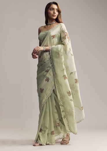 Dusty Pista Green Tissue Saree With Floral Embroidery
