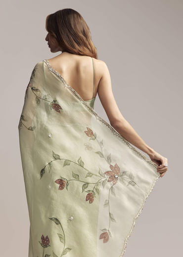 Dusty Pista Green Tissue Saree With Floral Embroidery