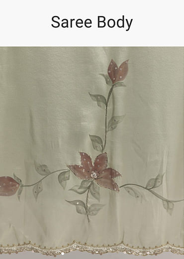 Dusty Pista Green Tissue Saree With Floral Embroidery