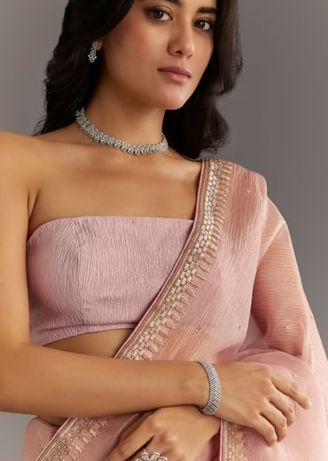 Dusty Rose Cutdana And Stone Embroidered Tissue Saree