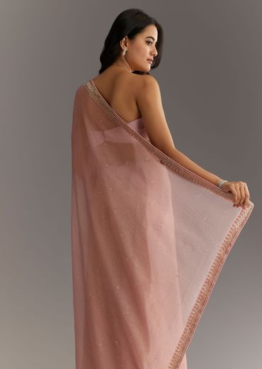 Dusty Rose Cutdana And Stone Embroidered Tissue Saree