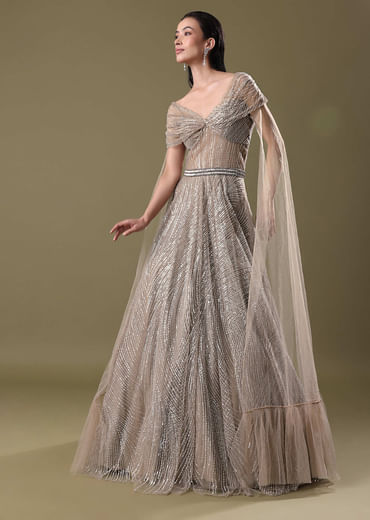 Dusty Beige Embroidered Gown With Cowl Sleeves And Wings
