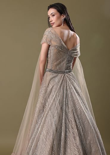 Dusty Beige Embroidered Gown With Cowl Sleeves And Wings
