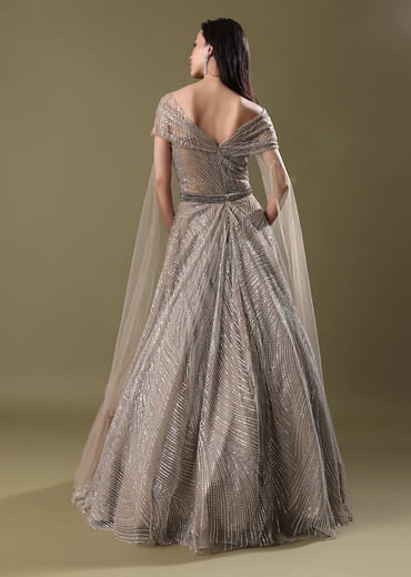 Dusty Beige Embroidered Gown With Cowl Sleeves And Wings