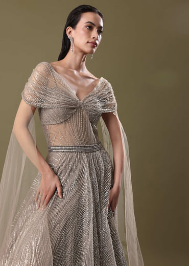 Dusty Beige Embroidered Gown With Cowl Sleeves And Wings