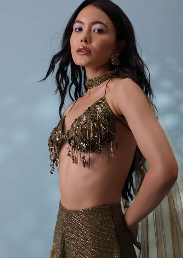 Dusty Brown Fancy Indowestern Palazzo And Bustier In Lycra Sequins With Choker