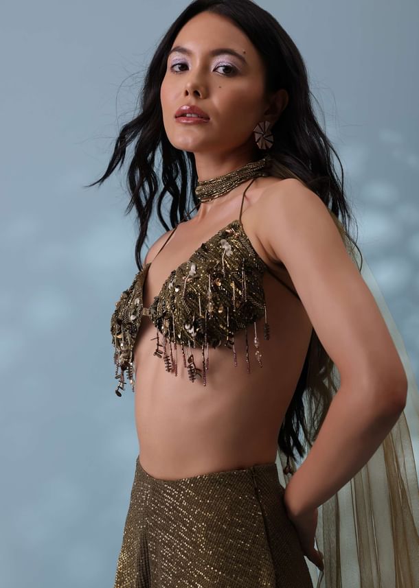 Dusty Brown Fancy Indowestern Palazzo And Bustier In Lycra Sequins With Choker