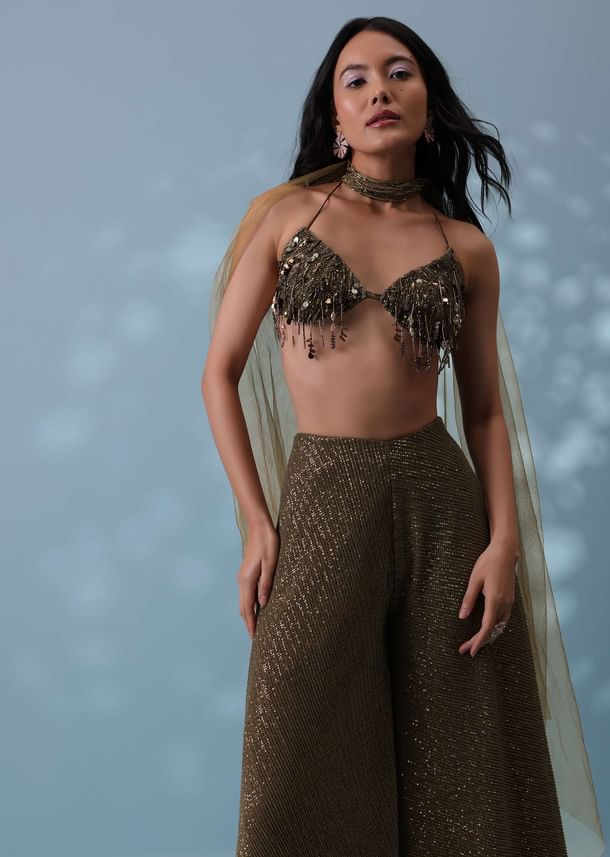 Dusty Brown Fancy Indowestern Palazzo And Bustier In Lycra Sequins With Choker