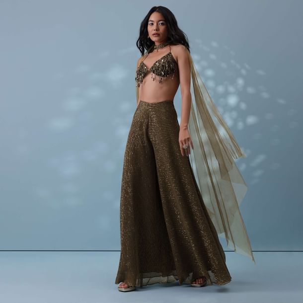 Dusty Brown Fancy Indowestern Palazzo And Bustier In Lycra Sequins With Choker