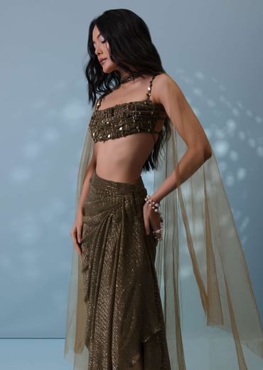 Dusty Brown Embroidered Indowestern Drape Skirt And Blouse In Lycra Sequins With Matching Choker