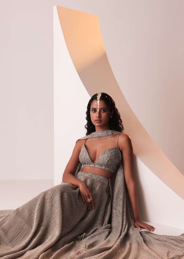 Dusty Copper Gold Embroidered Lehenga Set In Knit Strechable & Sequins Fabric Dusty Copper Gold Embroidered Lehenga Set In Knit Strechable & Sequins Fabric