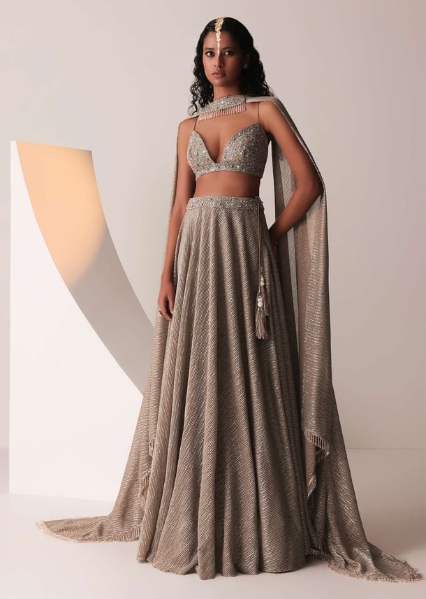 Dusty Copper Gold Embroidered Lehenga Set In Knit Strechable & Sequins Fabric Dusty Copper Gold Embroidered Lehenga Set In Knit Strechable & Sequins Fabric