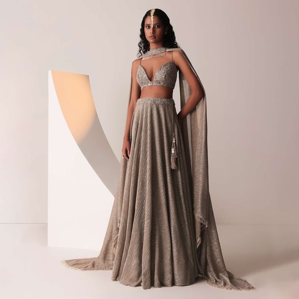 Dusty Copper Gold Embroidered Lehenga Set In Knit Strechable & Sequins Fabric Dusty Copper Gold Embroidered Lehenga Set In Knit Strechable & Sequins Fabric