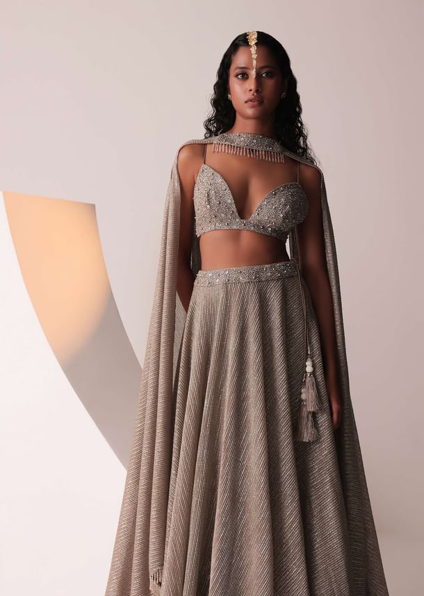 Dusty Copper Gold Embroidered Lehenga Set In Knit Strechable & Sequins Fabric Dusty Copper Gold Embroidered Lehenga Set In Knit Strechable & Sequins Fabric