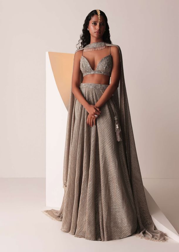 Dusty Copper Gold Embroidered Lehenga Set In Knit Strechable & Sequins Fabric Dusty Copper Gold Embroidered Lehenga Set In Knit Strechable & Sequins Fabric