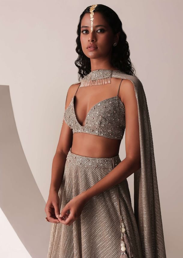 Dusty Copper Gold Embroidered Lehenga Set In Knit Strechable & Sequins Fabric Dusty Copper Gold Embroidered Lehenga Set In Knit Strechable & Sequins Fabric