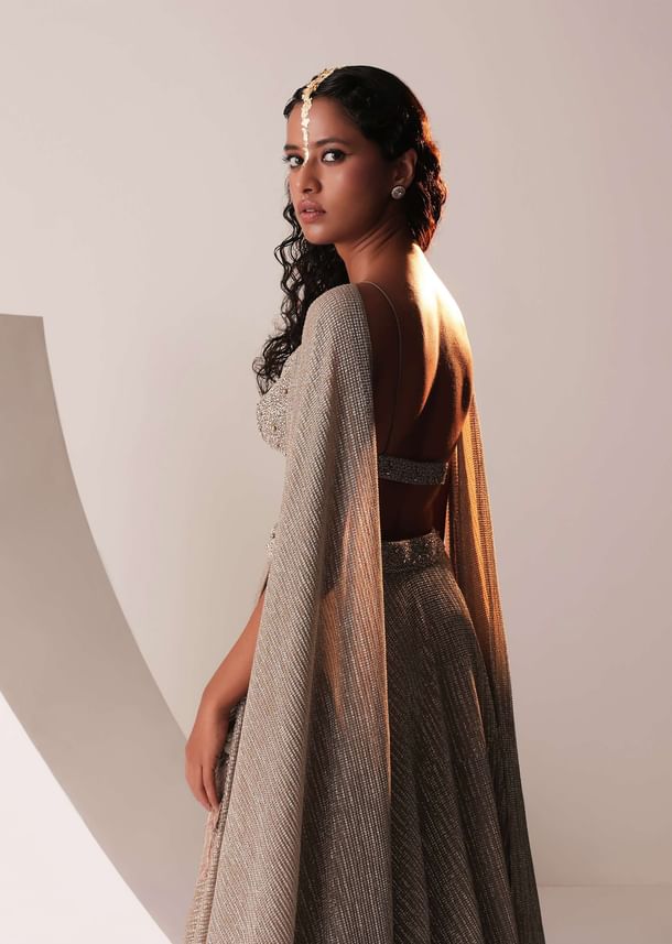 Dusty Copper Gold Embroidered Lehenga Set In Knit Strechable & Sequins Fabric Dusty Copper Gold Embroidered Lehenga Set In Knit Strechable & Sequins Fabric