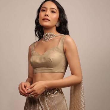 Dusty Gold Sleeveless Blouse In Jute Organza Fabric With A Sweetheart Neckline