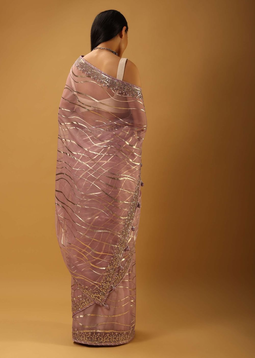 Dusty Lilac Saree In Organza With Foil Printed Wave Design And Gotta Border Online - Kalki Fashion